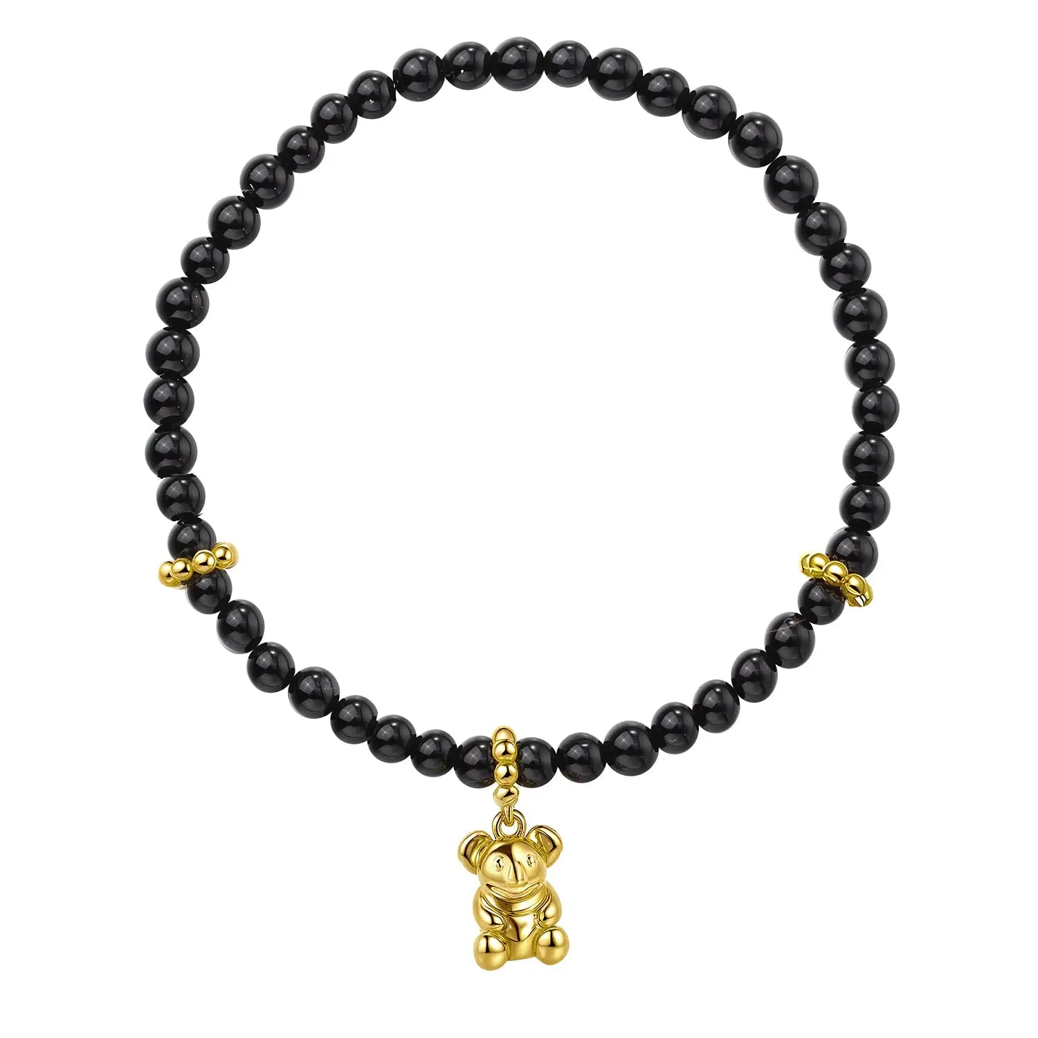 Black beaded bracelet with gold Koala charm on a white background