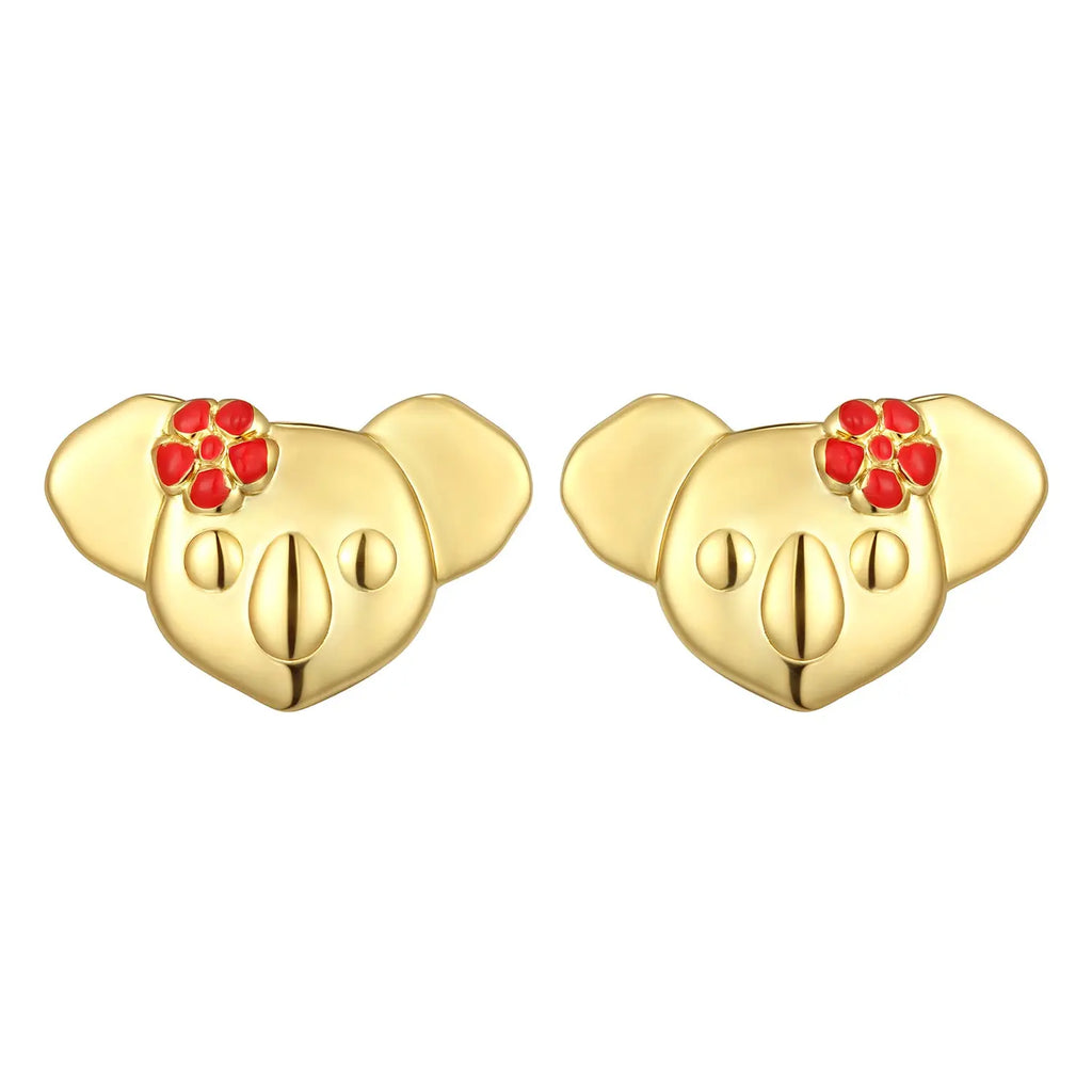 Gold koala-shaped earrings with red flowers on a white background