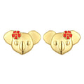 Gold koala-shaped earrings with red flowers on a white background