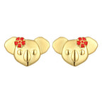 Gold koala-shaped earrings with red flowers on a white background