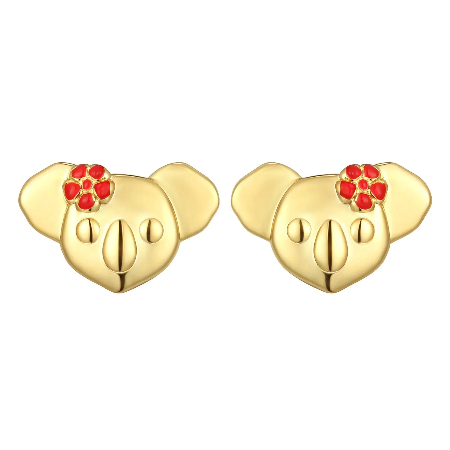 Gold koala-shaped earrings with red flowers on a white background