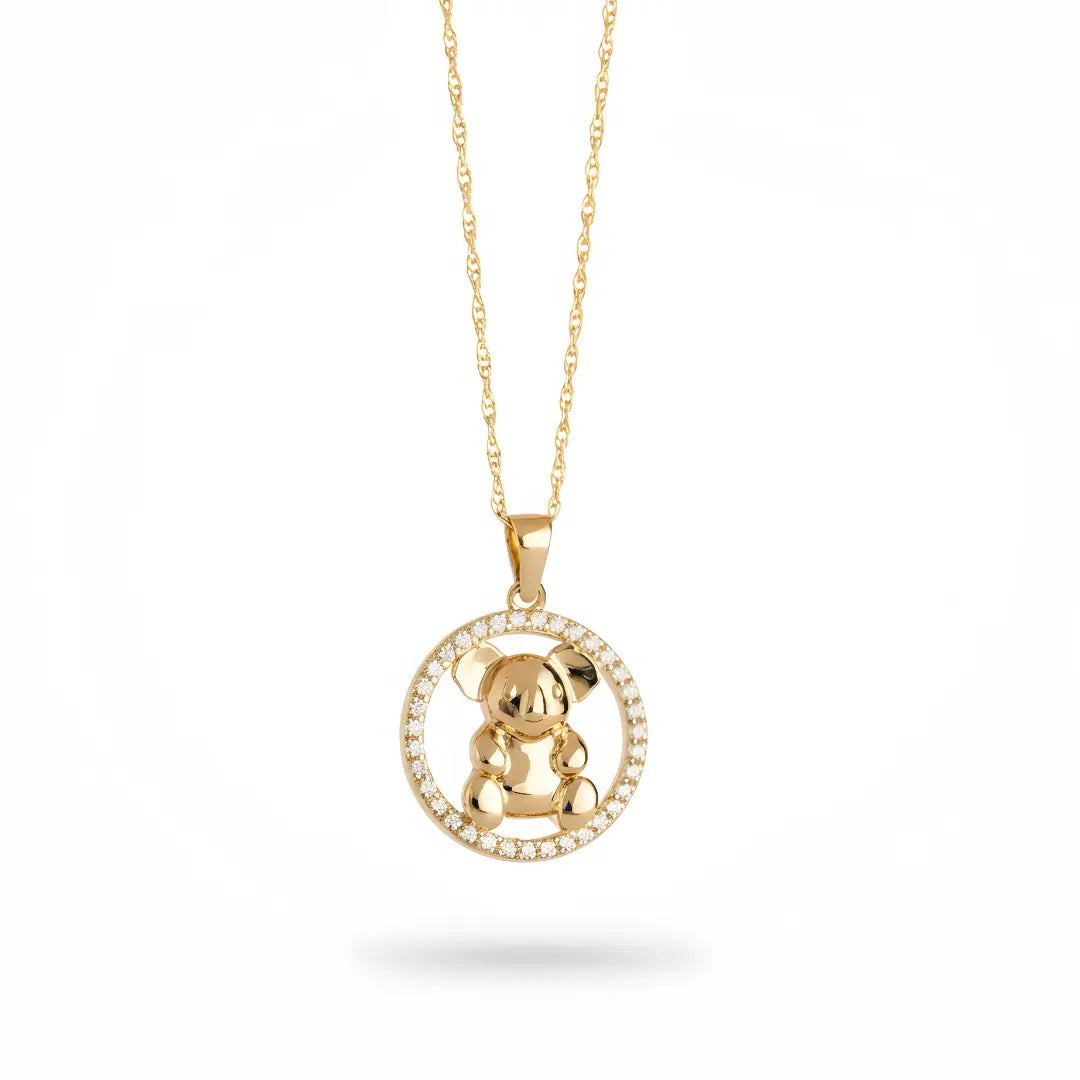 Gold pendant necklace with a Koala design on a white background