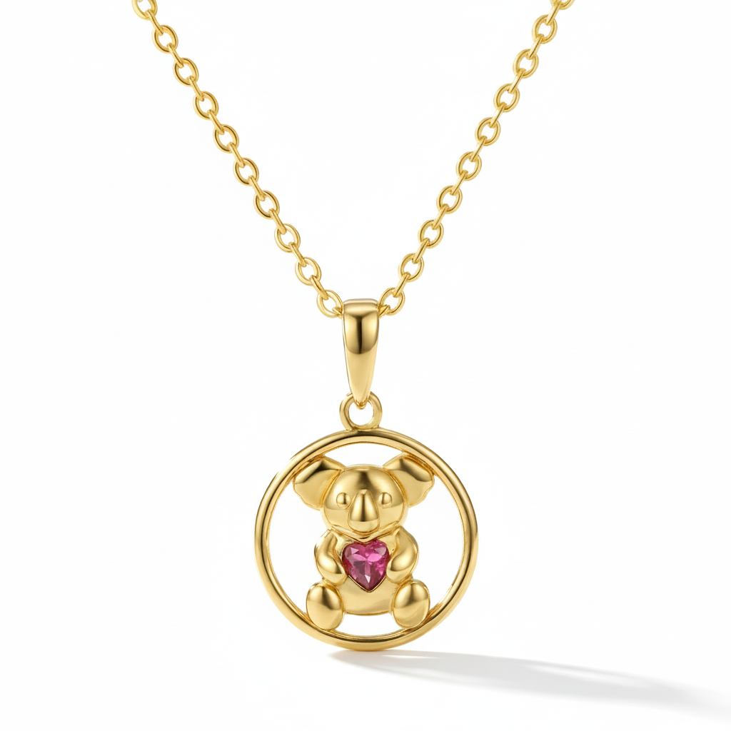 18k Gold Vermeil Koala with Ruby CZ Heart Circle Pendant