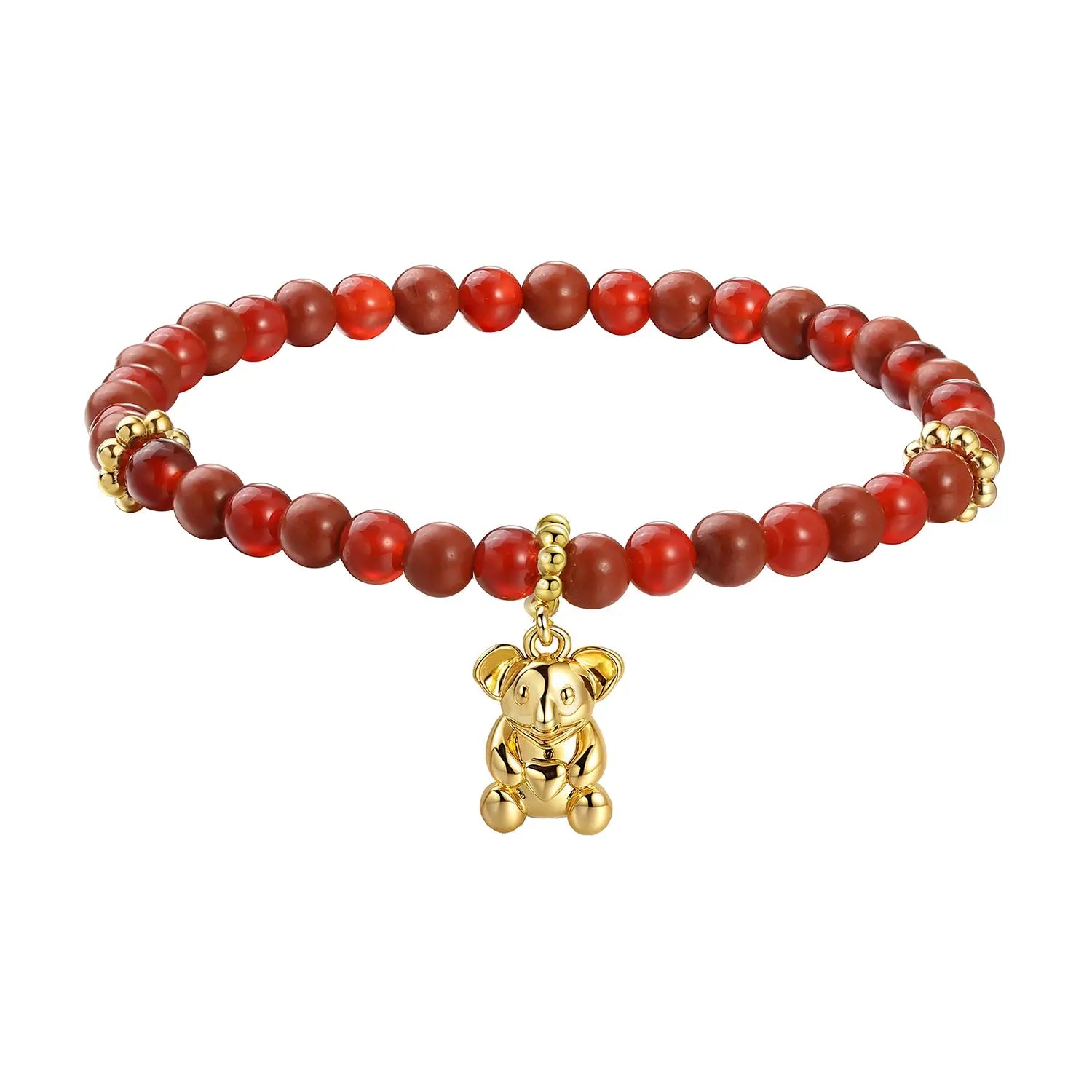 A red beaded bracelet with a gold-plated koala charm