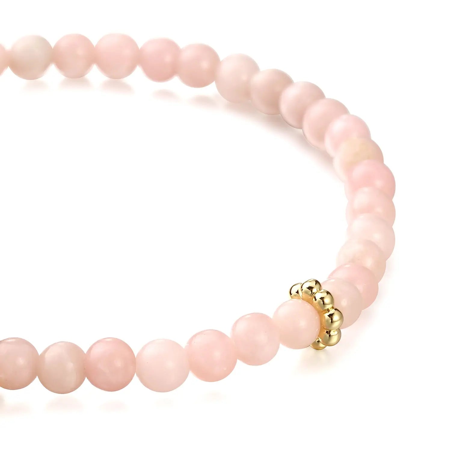 Rose Quartz beaded bracelet with a gold ring on a white background
