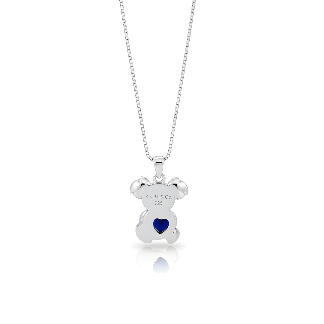 Sterling Silver Koala Pendant with Heart-Shaped Blue Sapphire CZ