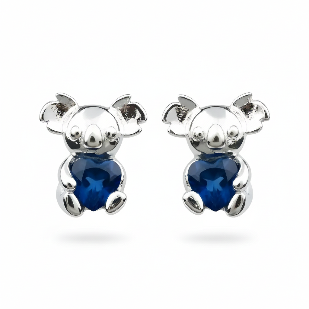 Sterling Silver Koala Stud Earrings with Heart-Shaped Blue Sapphire CZ