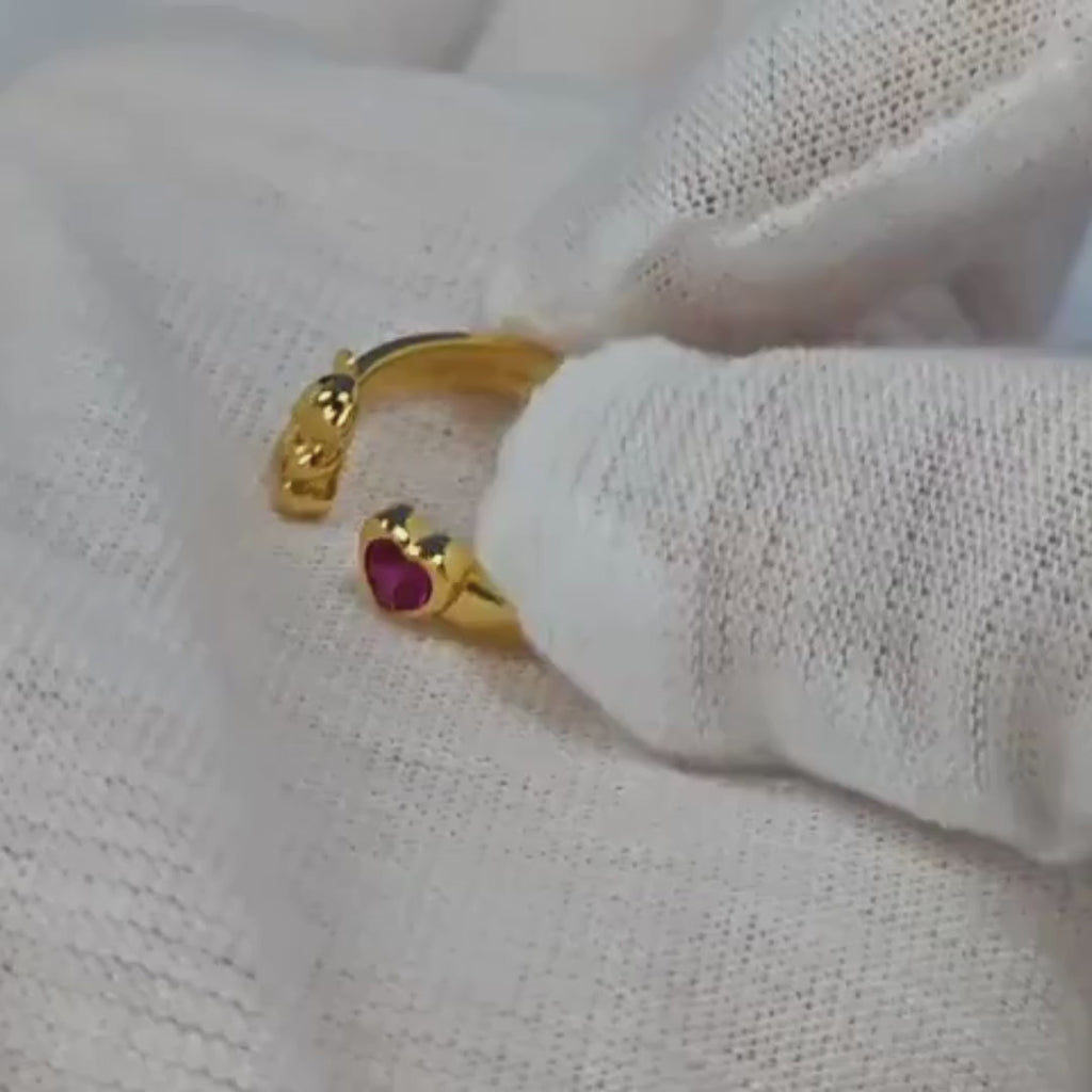 18K GOLD PLATE KOALA WITH RUBY HEART GEM OPEN RING VIDEO