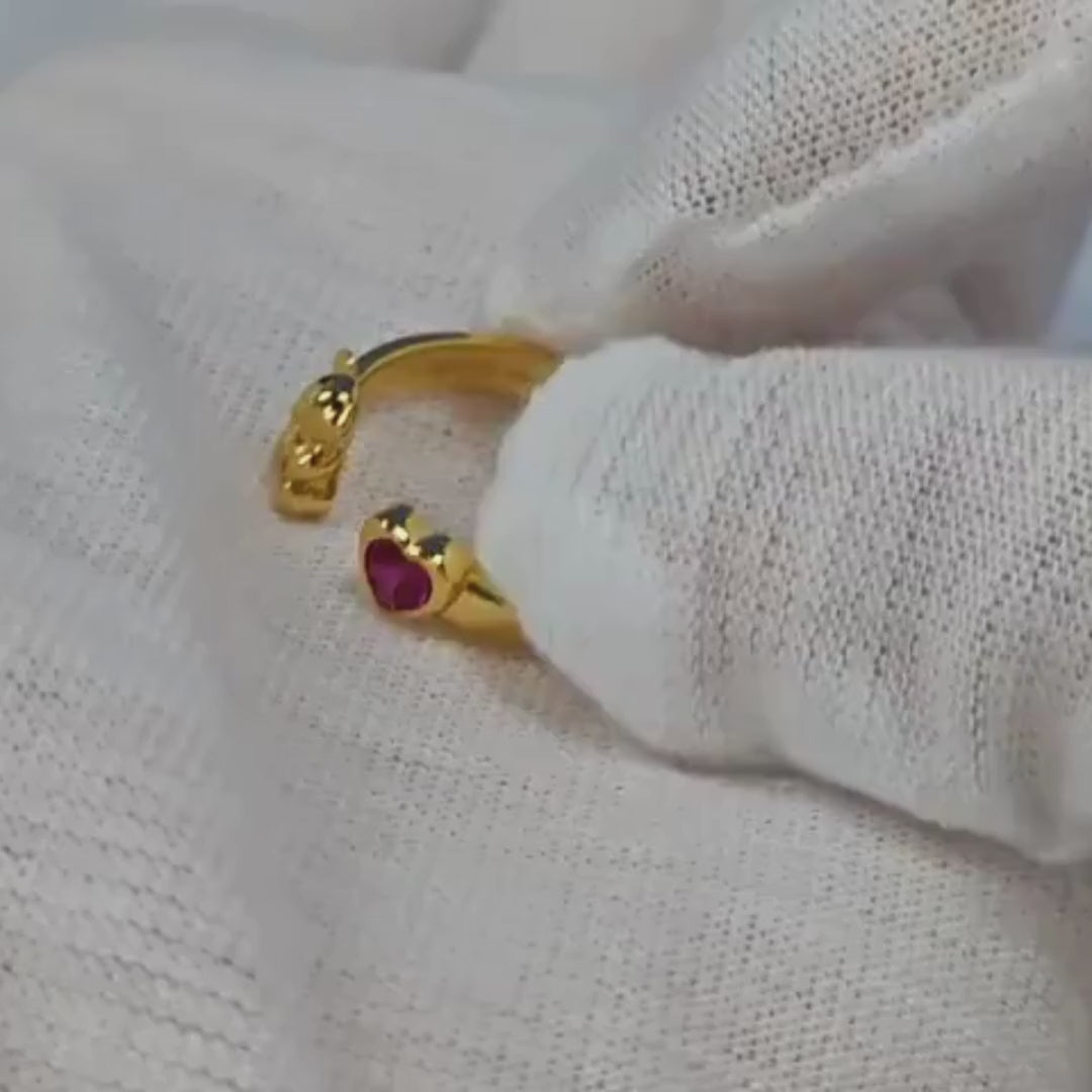 18K GOLD PLATE KOALA WITH RUBY HEART GEM OPEN RING VIDEO