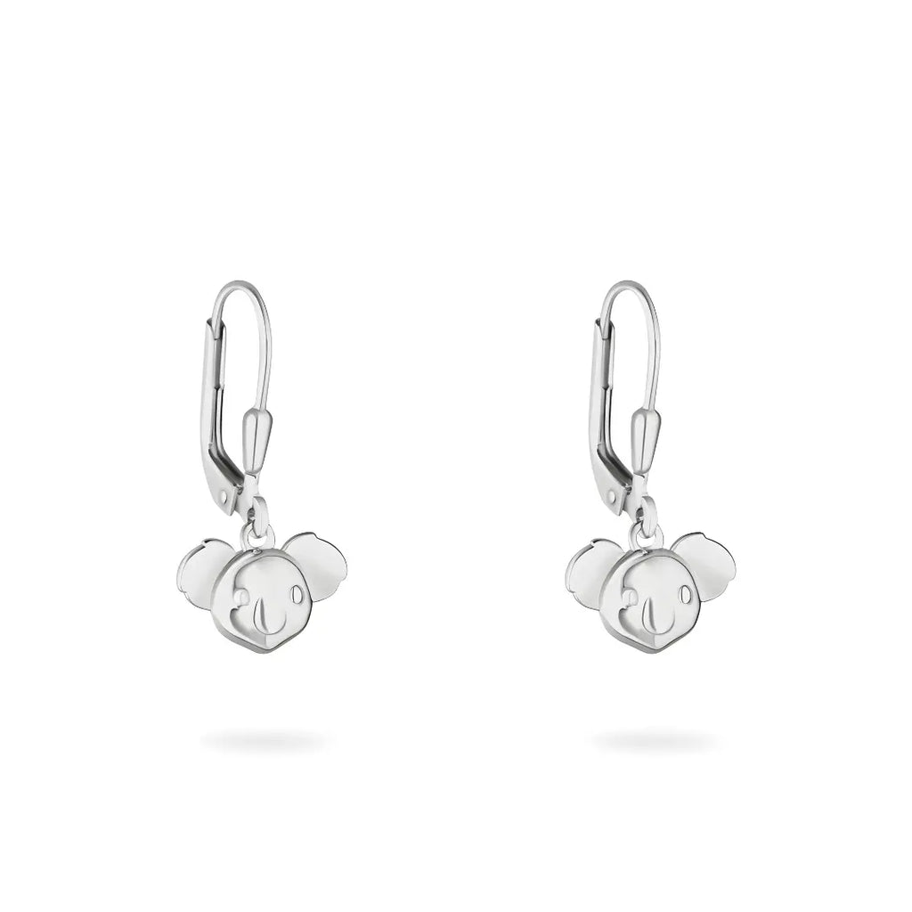 Pair of silver Koala earrings with on a white background